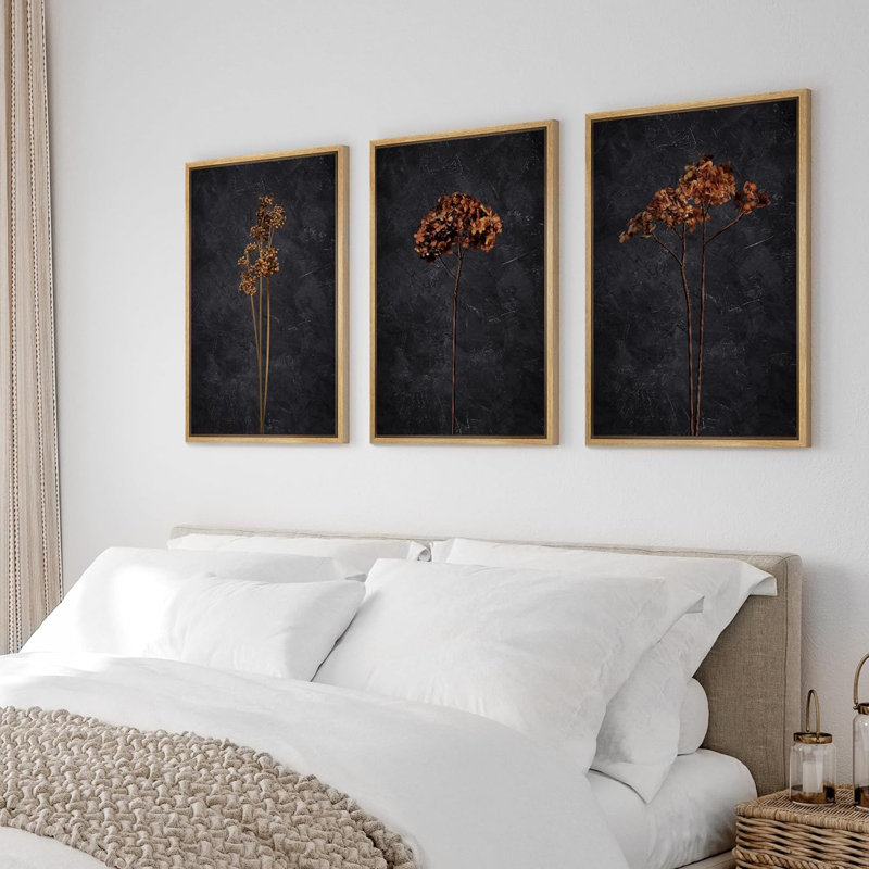 Grunge Moody Flower Minimalist Floral and Botanical Framed Canvas 3 Pieces Set Print Wall Art, Natural
