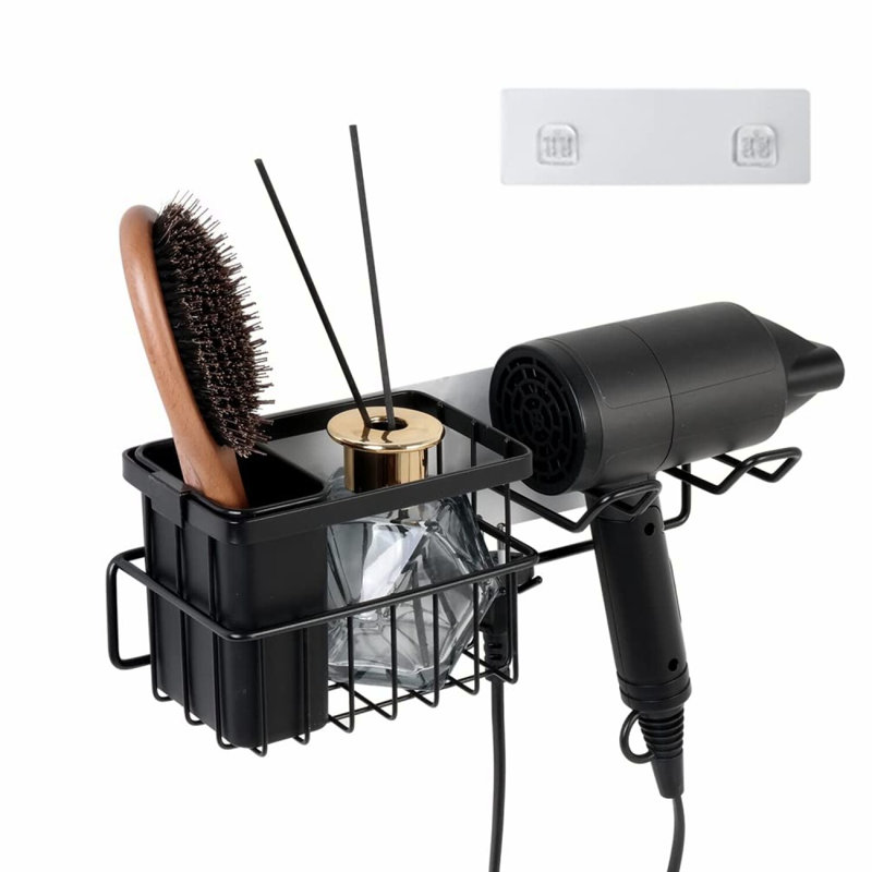Stainless Steel Hair Dryer Holder & Organizer - Wall Mount Storage Basket with Adhesive Pad for Bathroom, Multi-Application Styling Tool Rack with Hair Brushes