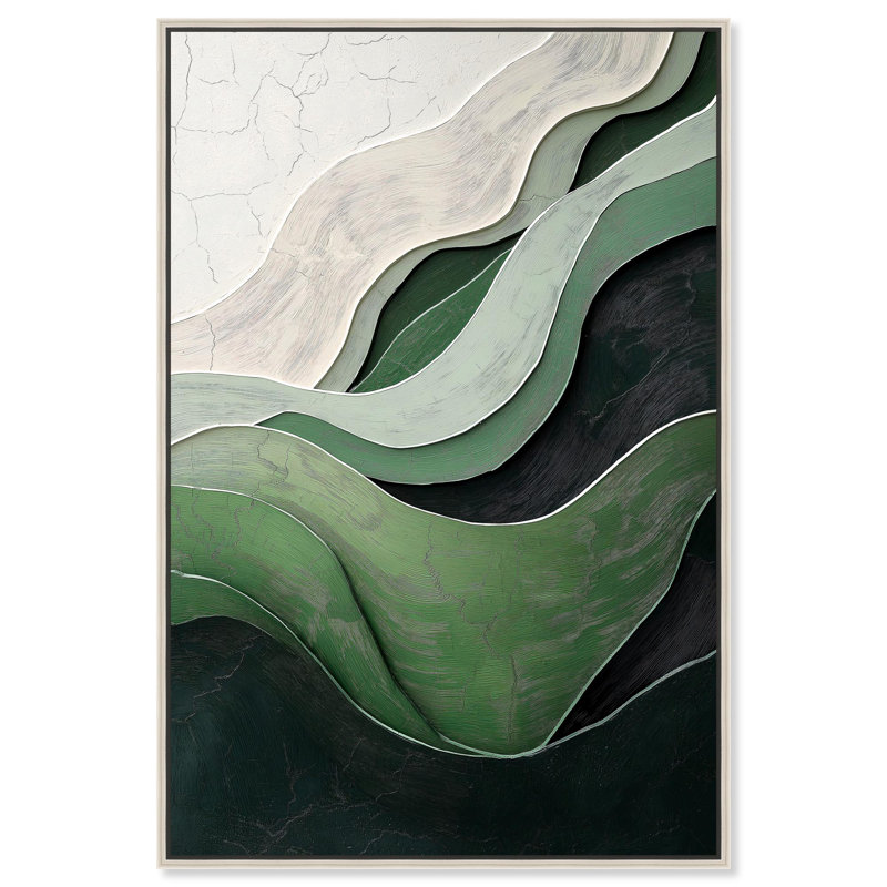 «Green Echoes I», art abstrait vert, H 37 po x l 25 po, Cadre argenté