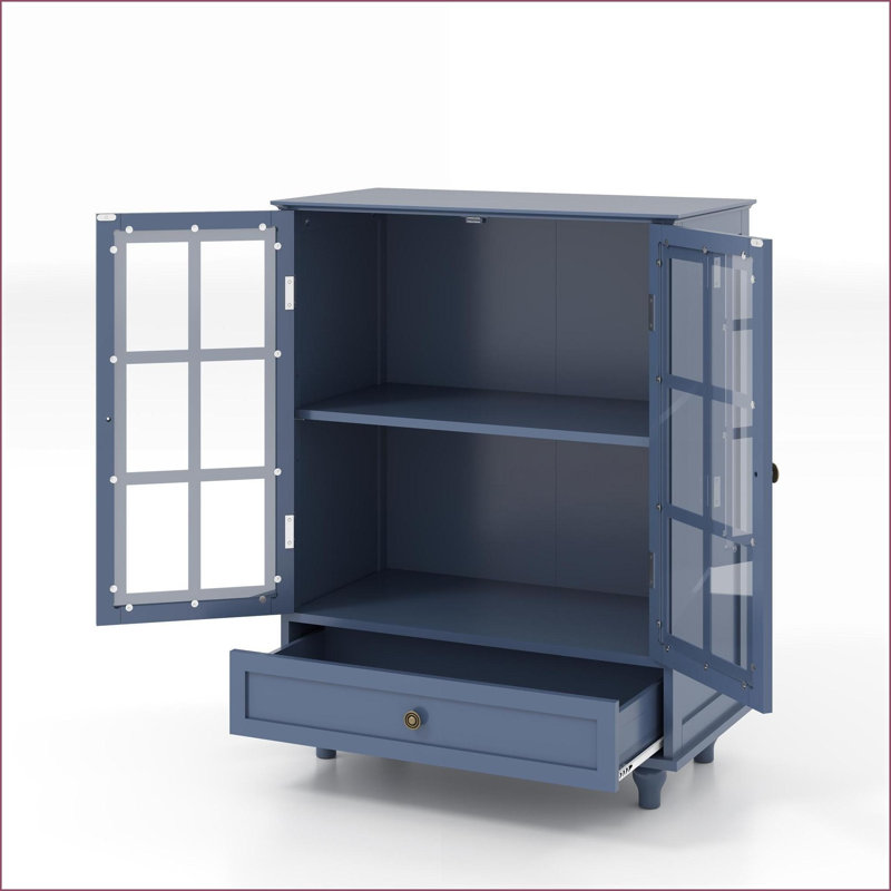 Armoires avec portes doubles en verre, tiroir et amp; Tablettes réglables | Buffet en bois aggloméré bleu moderne moderne | Pieds en bois massif