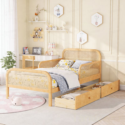 Twin Size Platform Bed Frame with 2 Storage Drawers, Kids Rattan Bed with Headboard and Footboard