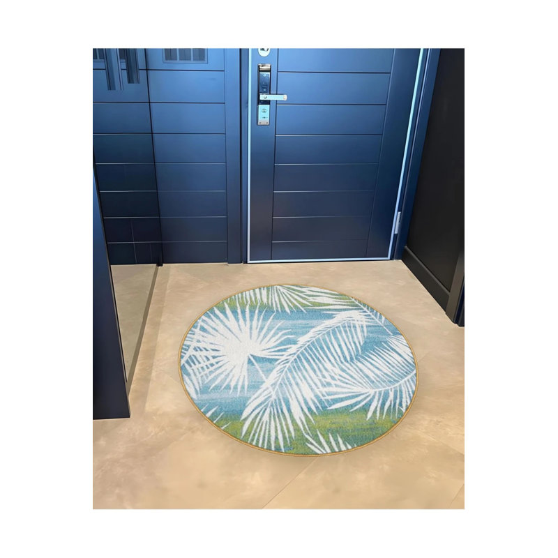 Tropical Leaf Patterned Woven Base Modern Decorative Carpet In Blue Green Tones, Round 2'8"