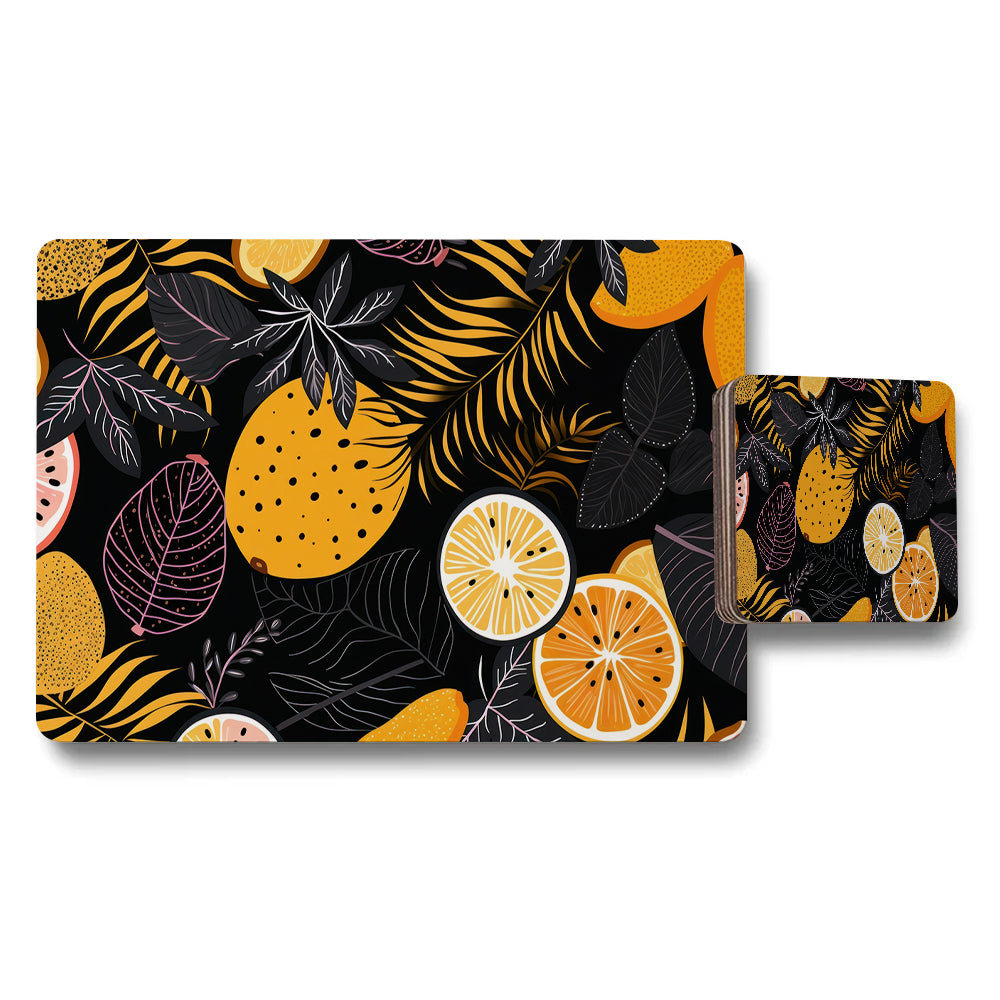 Citrus Placemats And Coaster Set With Black Tropical Leaves