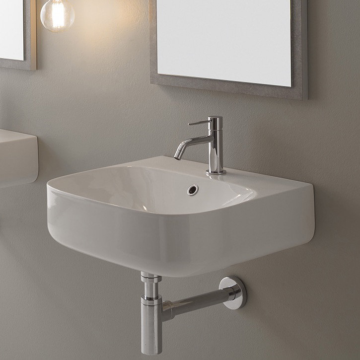 Moon White Ceramic U-Shaped Wall Mount Bathroom Sink with Overflow Scarabeo by Nameeks Faucet 