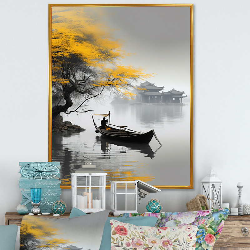 Art asiatique, bateau jaune, monochrome, H 32 po x l 16 po x P 1 po, Toile avec cadre flottant or