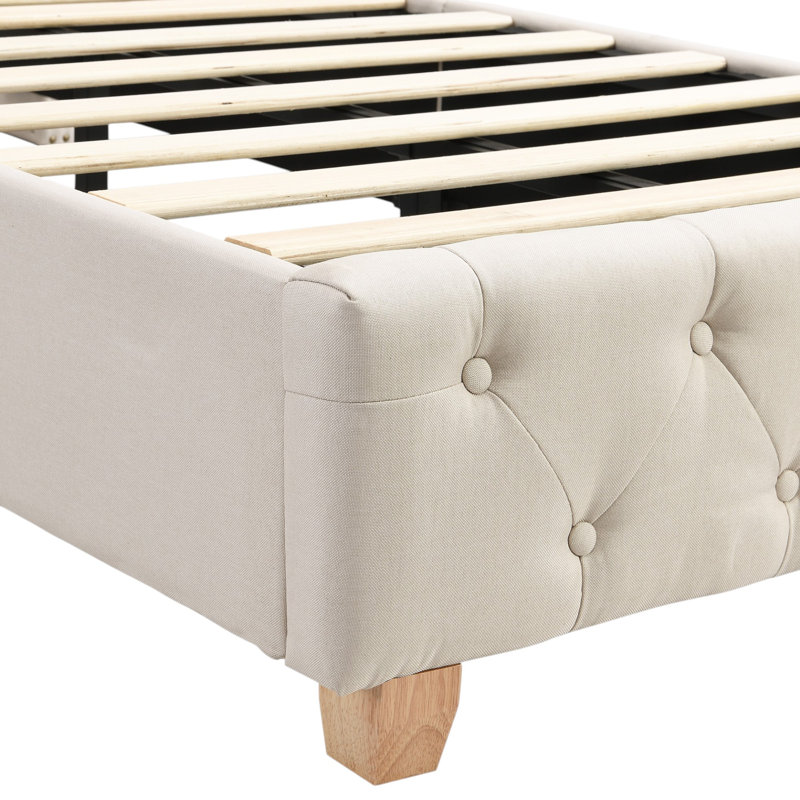 Velvet Upholstered Bed With Slatted Frame And Headboard Button And Rivet Upholstery, Beige, Single (3')