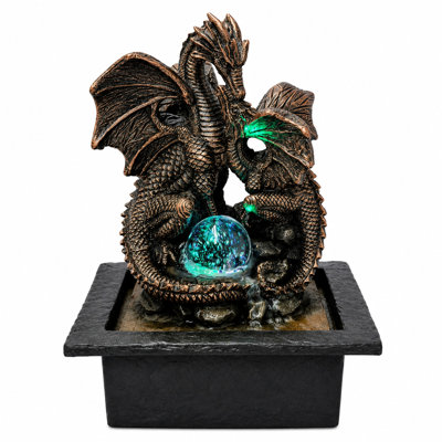 Gothic Dragon Pair Glowing Orb Water Fountain with LED Light - Indoor Fantasy Tabletop Fountain, 12 x 8.5 Inches