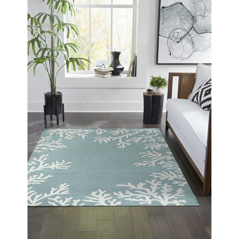 Tapis bleu / blanc en polyester touffeté à la main Alime, Rectangle 7 pi 6 po x 9 pi 6 po