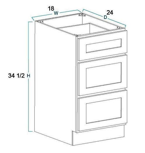 Armoire de cuisine standard à 3 tiroirs de 12 po / 15 po / 18 po / 21 po / 24 po / 27 po / 36 po x H 34,5 po