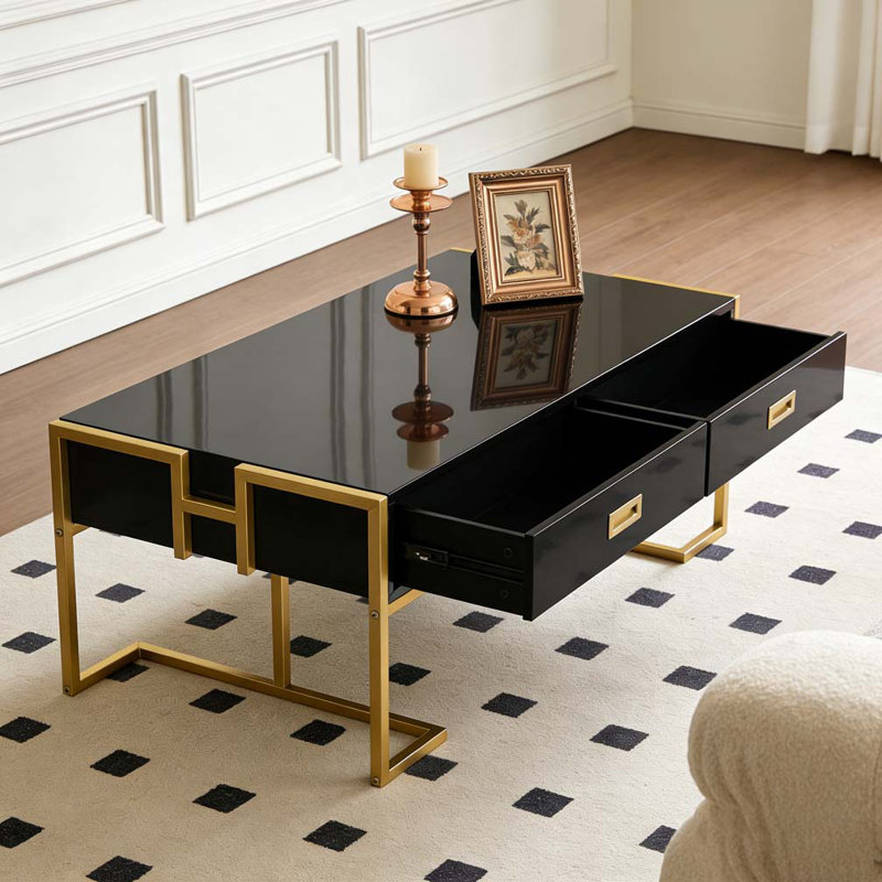 Table basse moderne blanche à 4 tiroirs, Noir + or