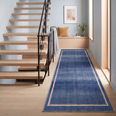 Tapis en lin moderne et minimaliste à bordure géométrique, bleu, gris, or, crème, ivoire, lavable à la machine, antidérapant, à poils courts, pour l'intérieur et l'extérieur, adapté aux animaux domestiques, idéal pour le salon, la chambre, la salle à manger, l'entrée, le couloir ou le bureau.