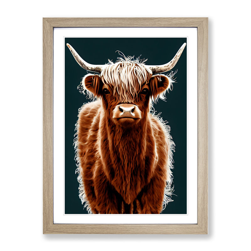 Charming Highland Cow - Wall Art, 36cm H x 27cm W x 2cm D, Oak Framed, White