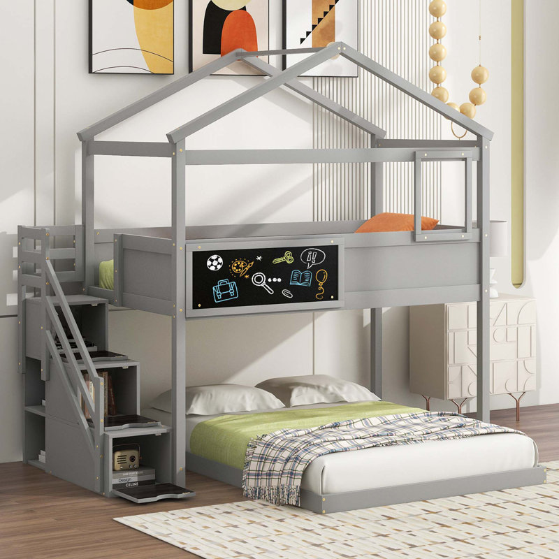 Lit superposé House avec escalier de rangement et planche, gris