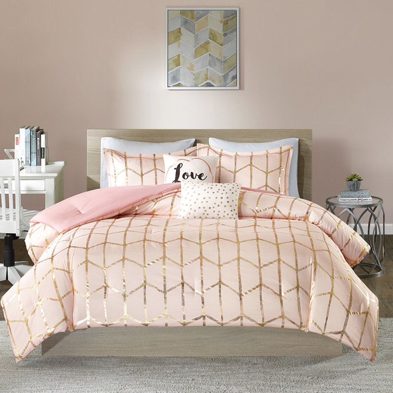 Édredon contemporain rosé avec gaufrage géométrique métallique et or pour une chambre chic, Rosé / doré
