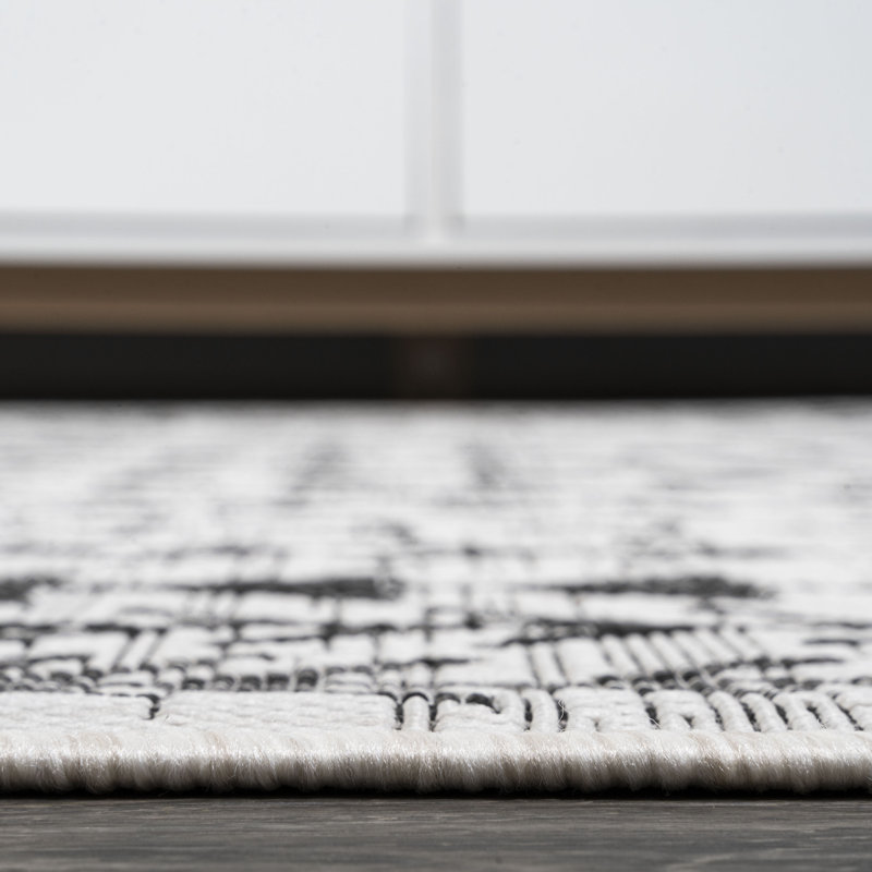 Whipe Bohemian Geometric Ivory/Black Indoor/Outdoor Rug, Runner 2'2" x 8'