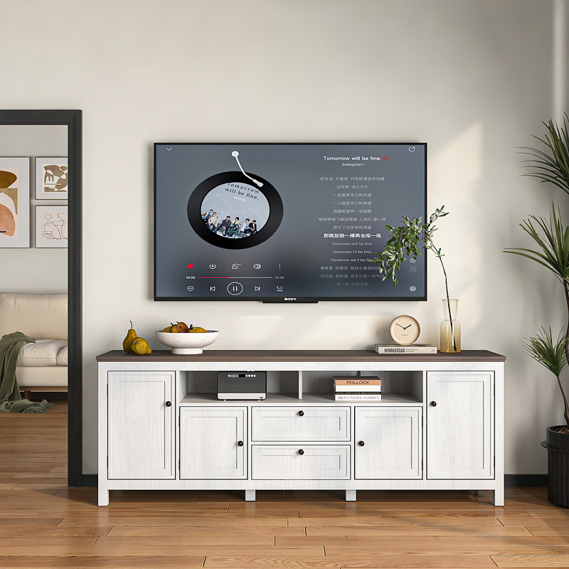 Meuble télé pour téléviseur de 78 po avec armoires de rangement et 6 tiroirs, Blanc