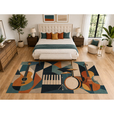 "Ultra Thin" Large 6'7" x 9'10" Modern Music Instrument Rug, Soft Low Pile Indoor Rug, Non-Slip Silicone Backing for Bedroom Teal