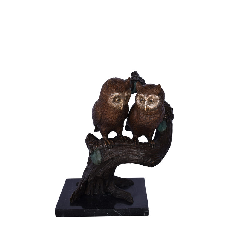 Statue de deux hiboux sur un tronc d'arbre en bronze - Taille: L 11 po x l 11 po x H 14 po.