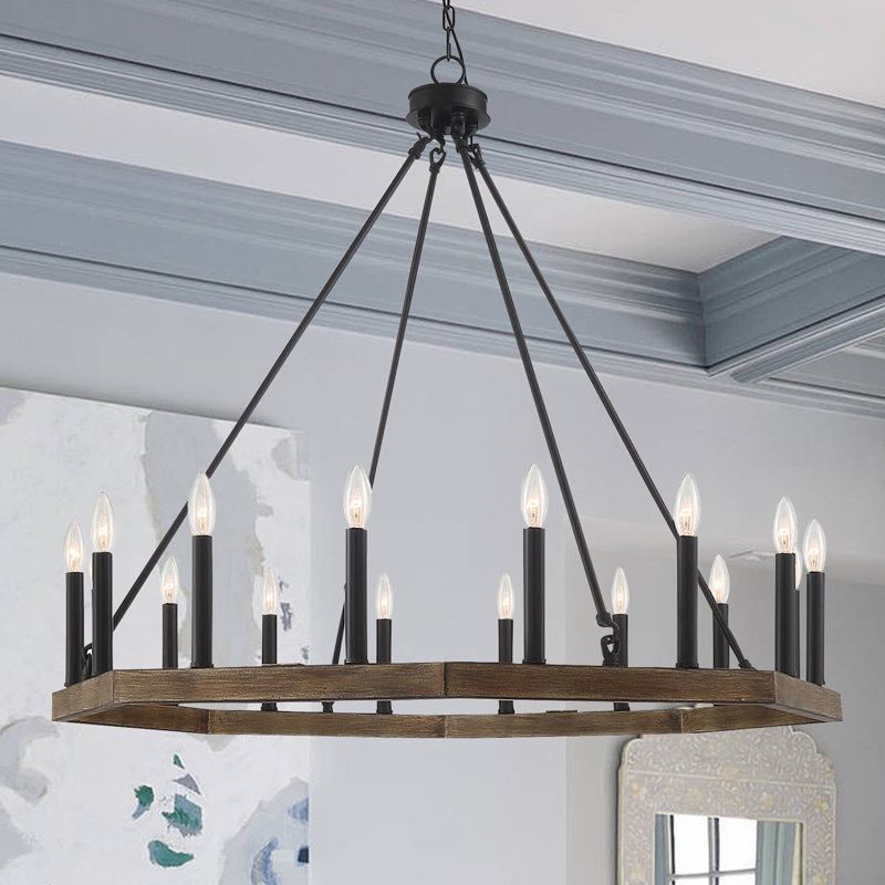 Vredenburgh 16-Light Wagon Wheel Candle Style Chandelier, California Walnut/Classic Black