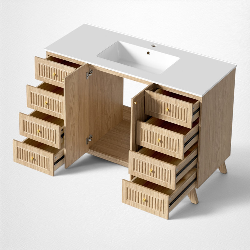 Meuble-lavabo simple de 120 cm (47,2 po) avec lavabo en résine SMC, 8 tiroirs et rangements, design cannelé, style moderne, salle de bain principale