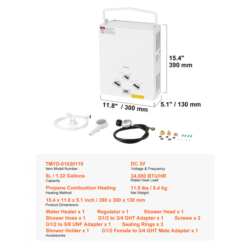 Chauffe-eau portatif au propane sans réservoir avec régulateur d'accessoires pour véhicule récréatif, 1.32