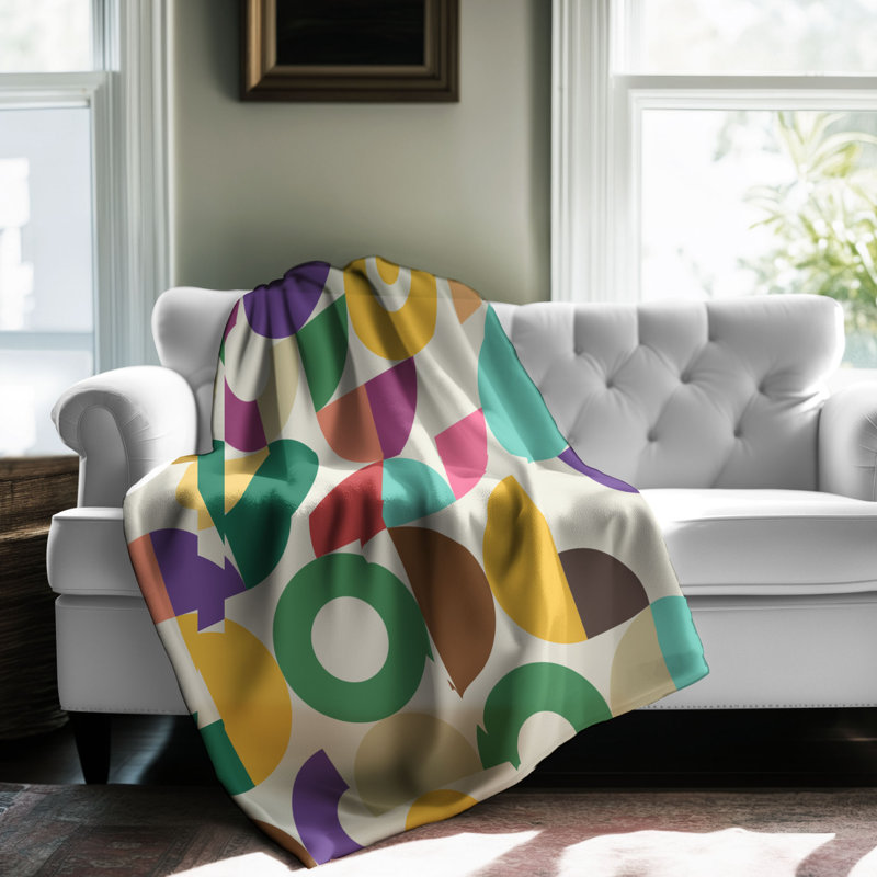 Motif Groovy - 1 pièce Sherpa Premium, Lit simple, Turquoise/Yellow/Beige Abstract/Geometric Shapes