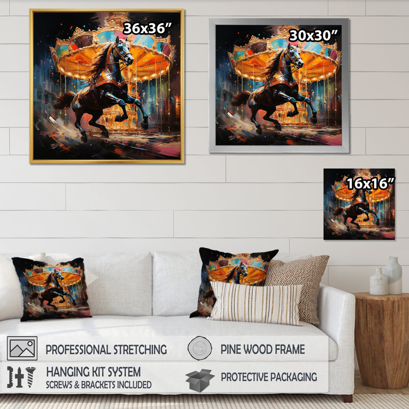 Carrousel Horses II - reproduction sur toile, H 30 po x l 30 po x P 1 po, Cadre photo noir