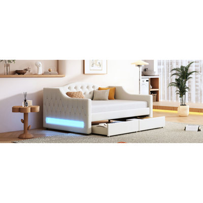 Beige Upholstered Twin Xl Daybed With Led Belt, 2 Drawers, And Frame For Rustic Home Linen Lighting, Wood Relaxing Bedroom