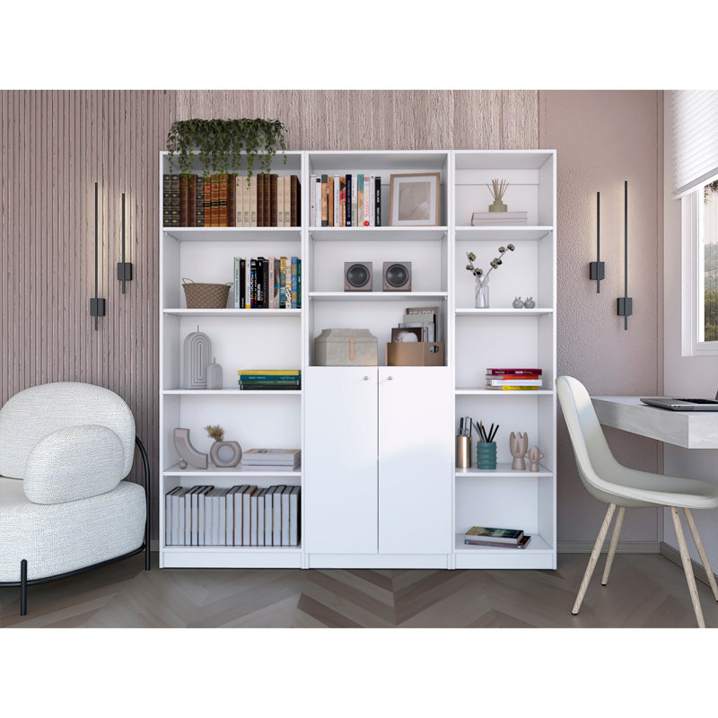 Platte 3 Piece Living Room Set With 3 Bookcases, White, White