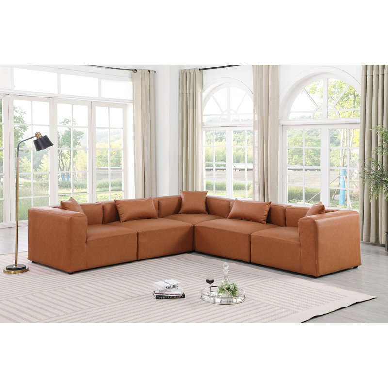 Canapé modulaire en similicuir 5 pièces Houswerth, Cuir cognac végétalien