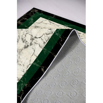 Eco-Friendly Area Rug (5.2 x 7.5 ft), Black & Green, 100% Polyester, 650 g/m² | Antibacterial, Non-Slip PVC Dot Underside, Machine Washable | Perfect for Living Room & Bedroom, Soft Pile, Digital Printing Design