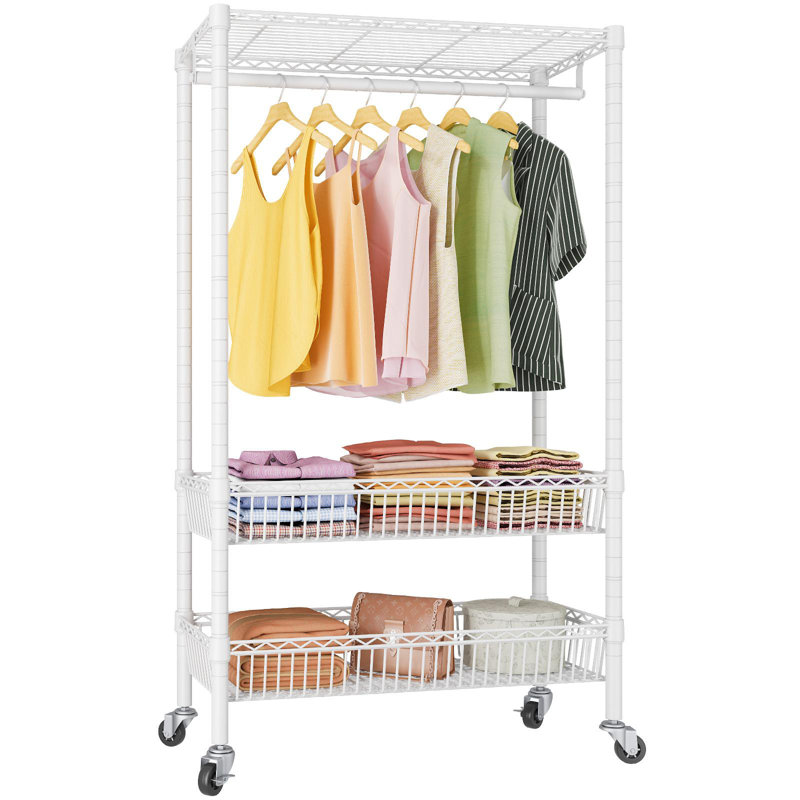 White Metal Free-Standing Closet with Adjustable Shelves and Wheels