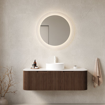 Meuble-lavabo mural 48 po avec lavabo rond en céramique, tiroirs à fermeture en douceur et façade en grain de bois 3D - Pré-assemblé