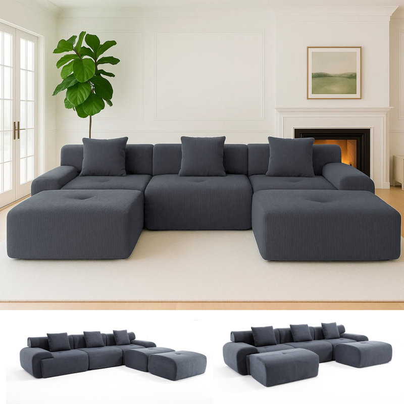 Boneless Corduroy Modern Compressed Block Sectional Couch, Gray Corduroy