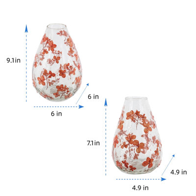 Ensemble de 2 vases de table ronds en verre rouge à motif floral rouge
