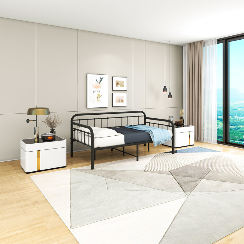 Structure de lit de jour en métal pour lit simple pour chambre à coucher, lit plateforme à lattes en acier robuste avec rangement sous le lit, sans sommier tapissier, noir