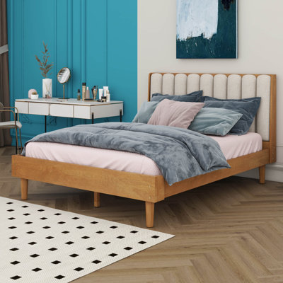 Wood Bed Frame with Piano Key Style Upholstered Headboard, Wood Platform Bed