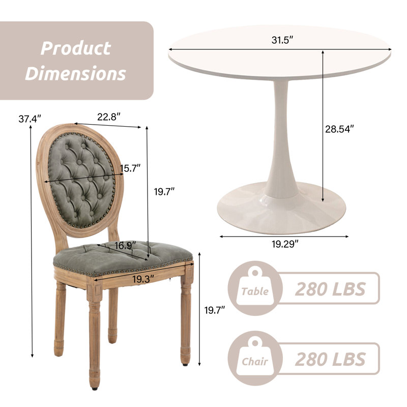 Ensemble de table de salle à manger ronde 31,5 "et 2 chaises à dossier rond, Blanc, Vert