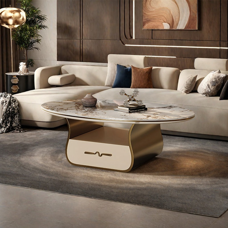 Table basse ovale en pierre claire, H 16,5 po x L 47,2 po x l 27,6 po, Doré