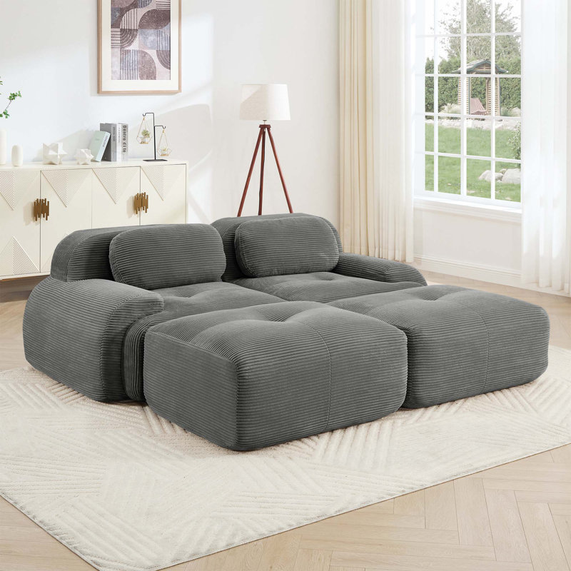 Canapé modulaire 2 places en velours côtelé de luxe avec design antidérapant, accoudoirs courbés et éponge à haute résilience pour le salon et la chambre à coucher, gris