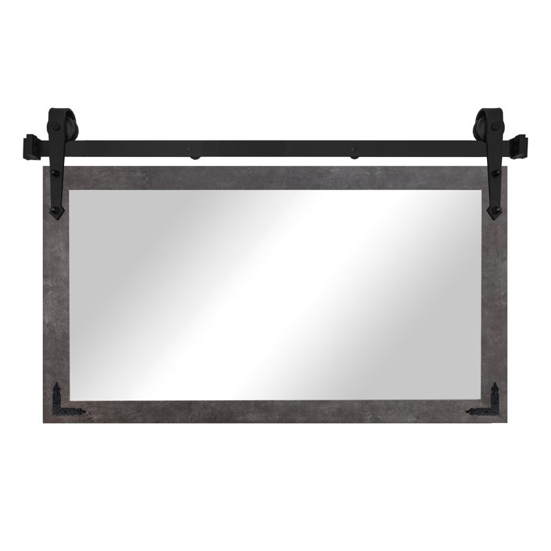Miroir rustique moderne avec rail de porte de grange en acier et supports de coin décoratifs en métal, 18x33, Béton