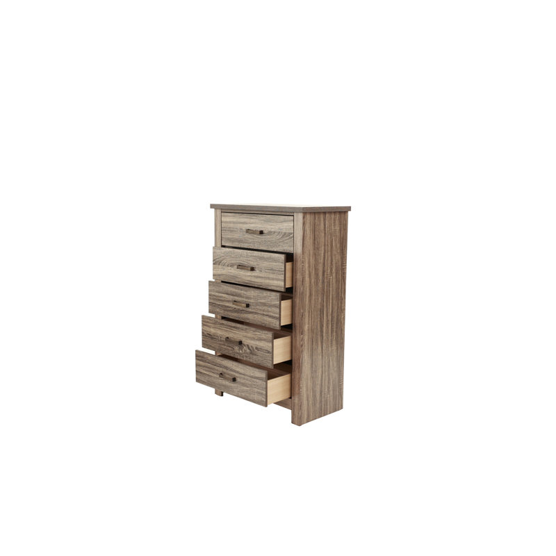 Commode à tiroirs en bois au fini naturel au style rustique et contemporain.