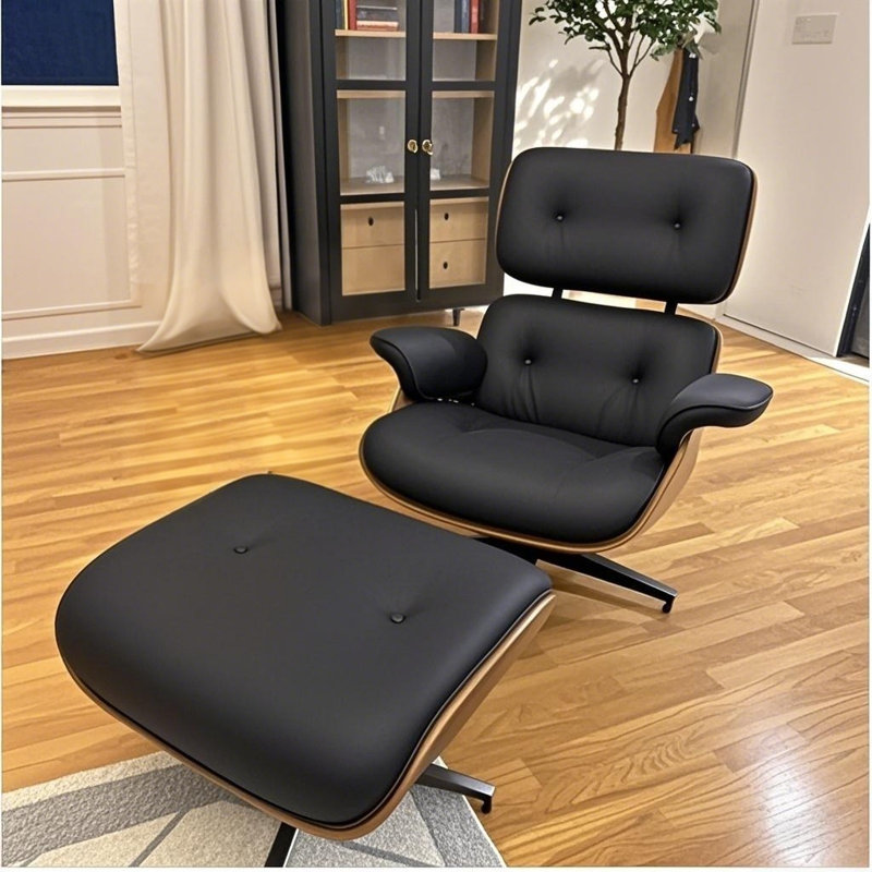 Genuine Leather Swivel Accent Chair with Ottoman