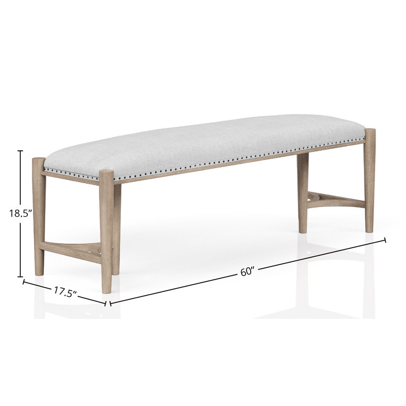 Sand Coloured Bench For Various Spaces, Upholstered Seat, Triad Bases Fabric Bench, Bases, Nail Head Accents