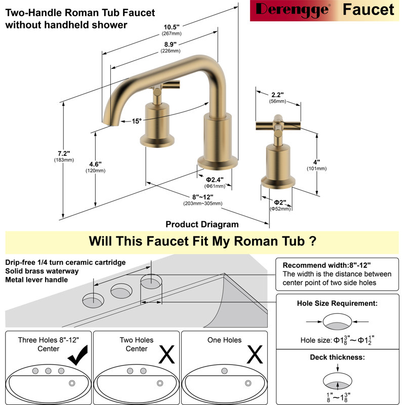 Derengge Double Handle Deck Mounted Roman Tub Faucet, Brushed Gold