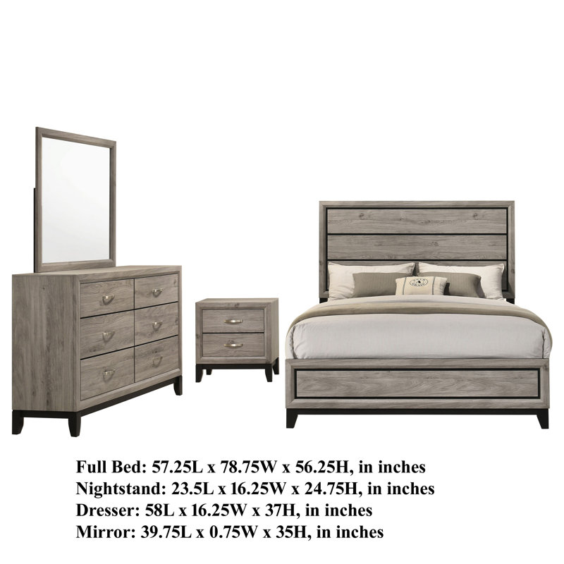 Kapa 4 Piece Bedroom Set, 4 Pcs: Bed, Nightstand, Dresser, Mirror, Full / Double