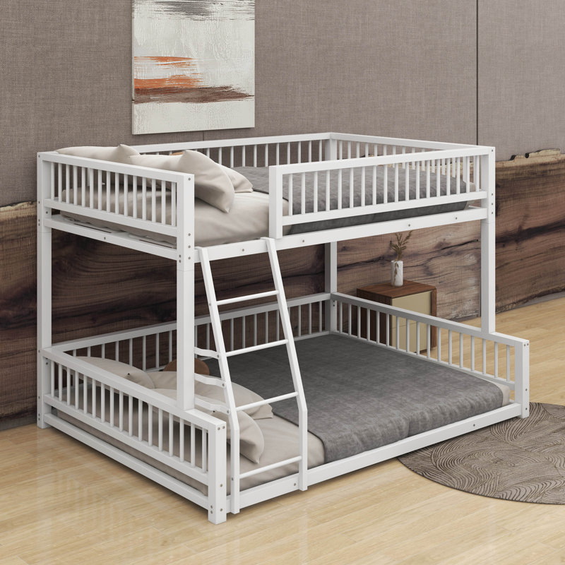 Full XL Over Queen Floor Bunk Bed Frame With Ladder And Safety Guardrails, White