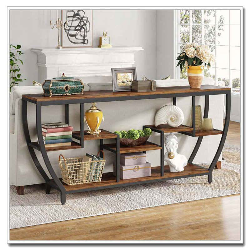 Industrial Seven-Tier Console Table with Staggered Storage Shelves