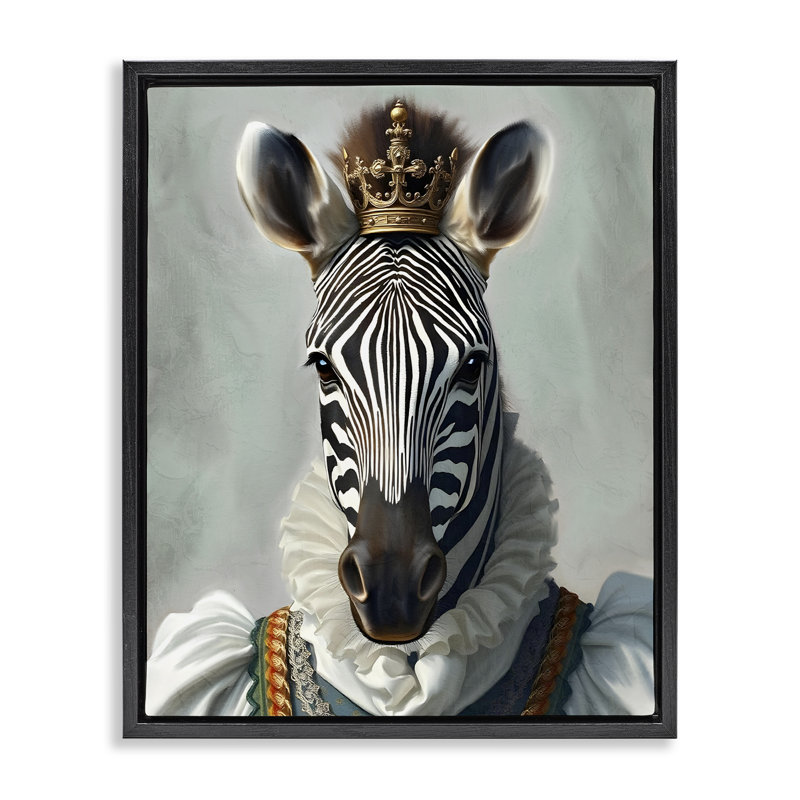 «Zebra Queen Regal Portrait Floater», art mural par Kim Allen, Cadre flottant noir de jais, H 21 po x l 17 po
