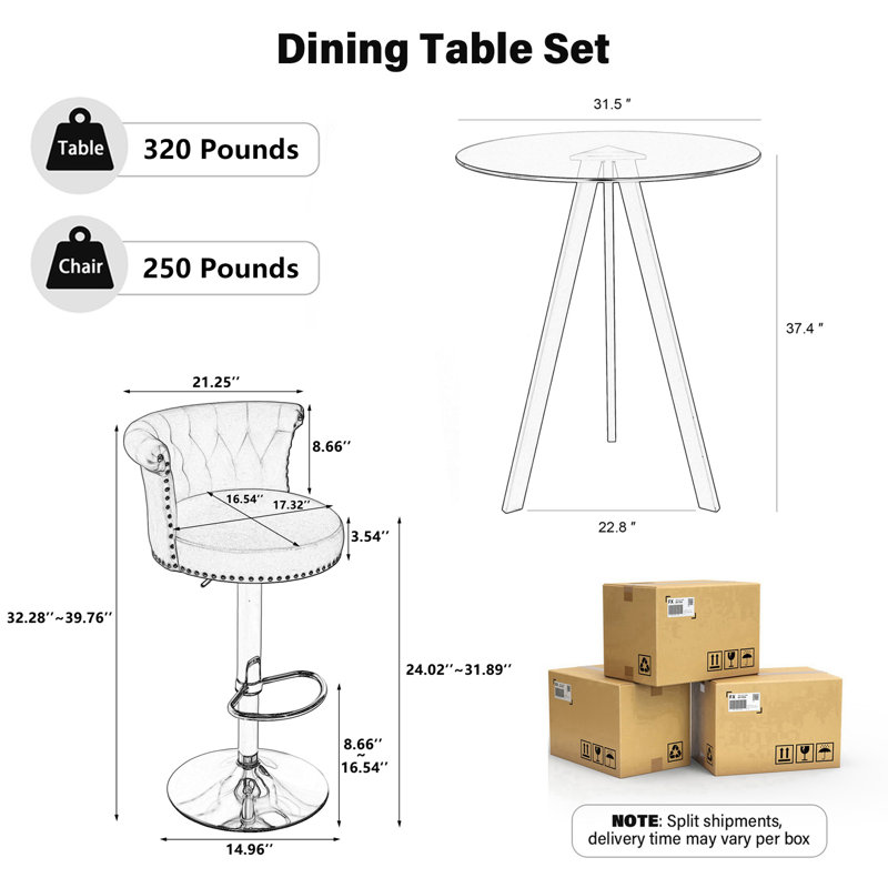 Ensemble de table de bar ronde en verre réglable en hauteur et tabourets de bar sur pattes en velours, Orange